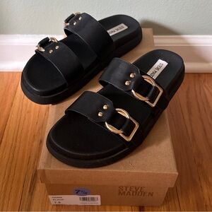 STEVE MADDEN Women's Hanni Sandals in Black w/ Gold Hardware, Size 7.5 M